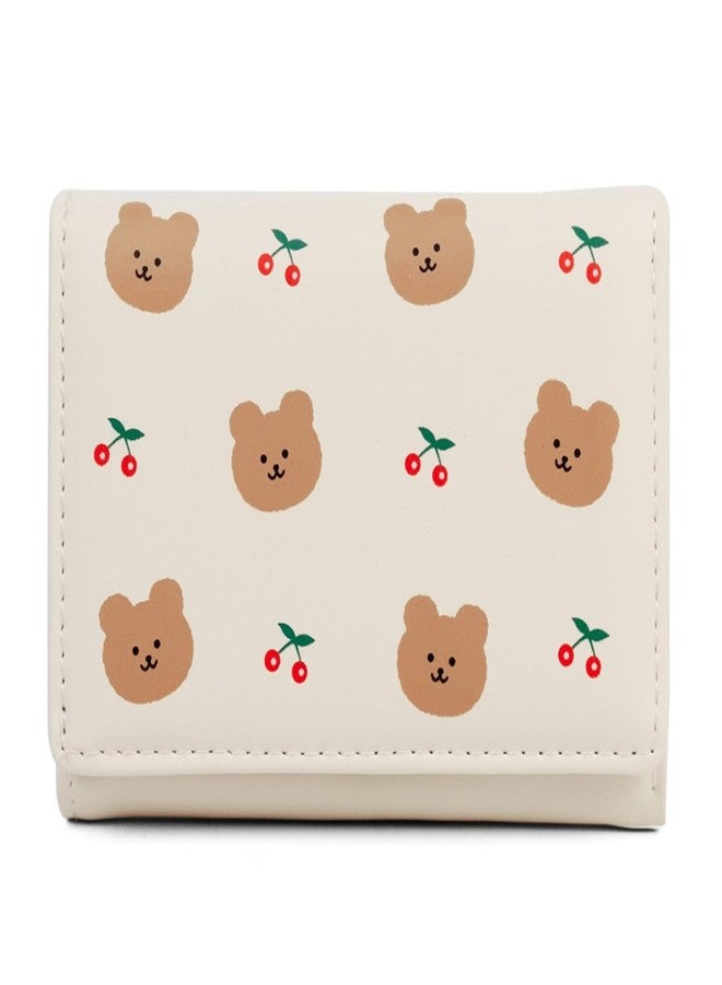 INOVERA (LABEL) Small Tri-Fold Wallet for Women, Girls - Faux Leather Cash, Coin, Card Holder Wallets - Cute Bear and Cherry Print Mini Hand Purse (White) - Image 1
